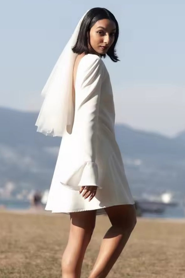 DZ9595 Short Wedding Dress Mini Satin Long Sleeves Bride Dress – TANYA BRIDAL