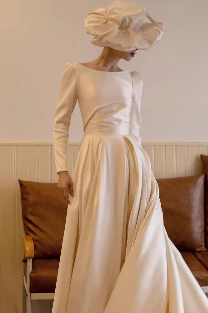 #DZ9373 A Line Wedding Dress Backless Ivory Long Sleeves Satin