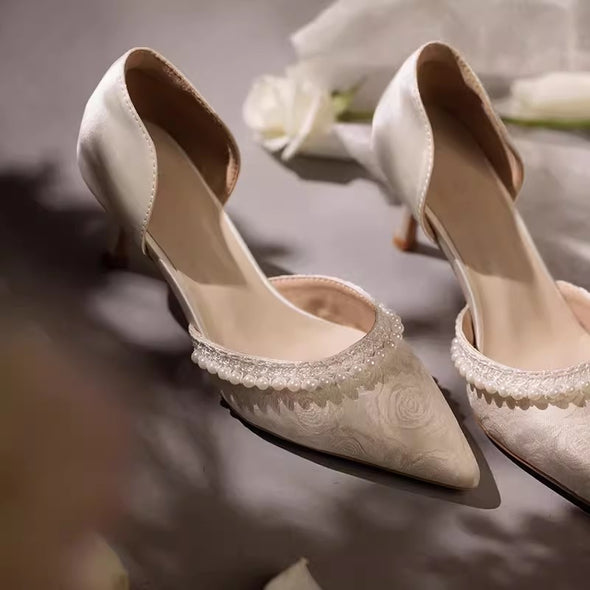 Light Champagne Rose Bride Shoes With Pearls