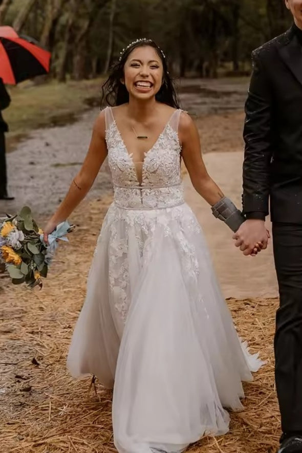 #DZ9337 Sequins Appliqued Luxe Deep V Sleeveless Wedding Dress