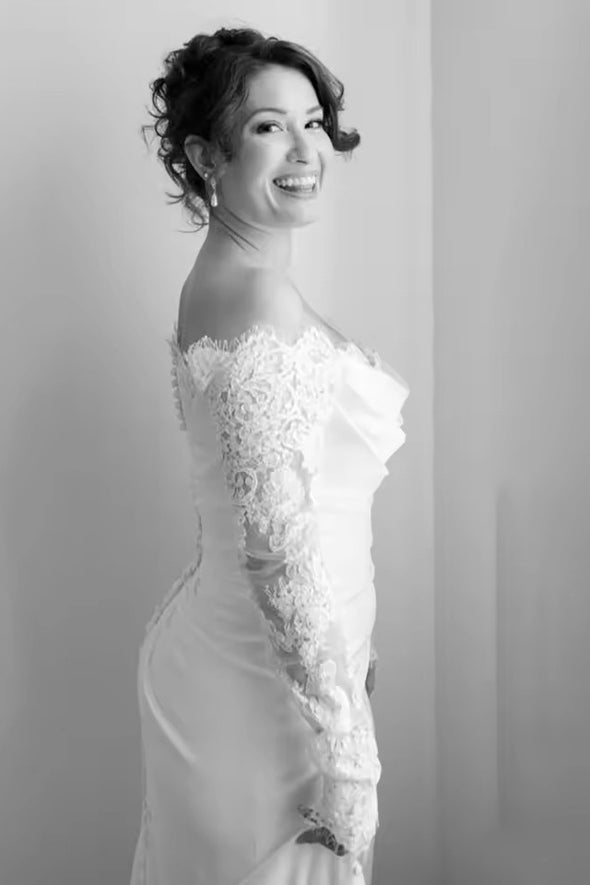 #DZ9339 Drape Long Sleeves Lace Sheath Wedding Dress High Slit