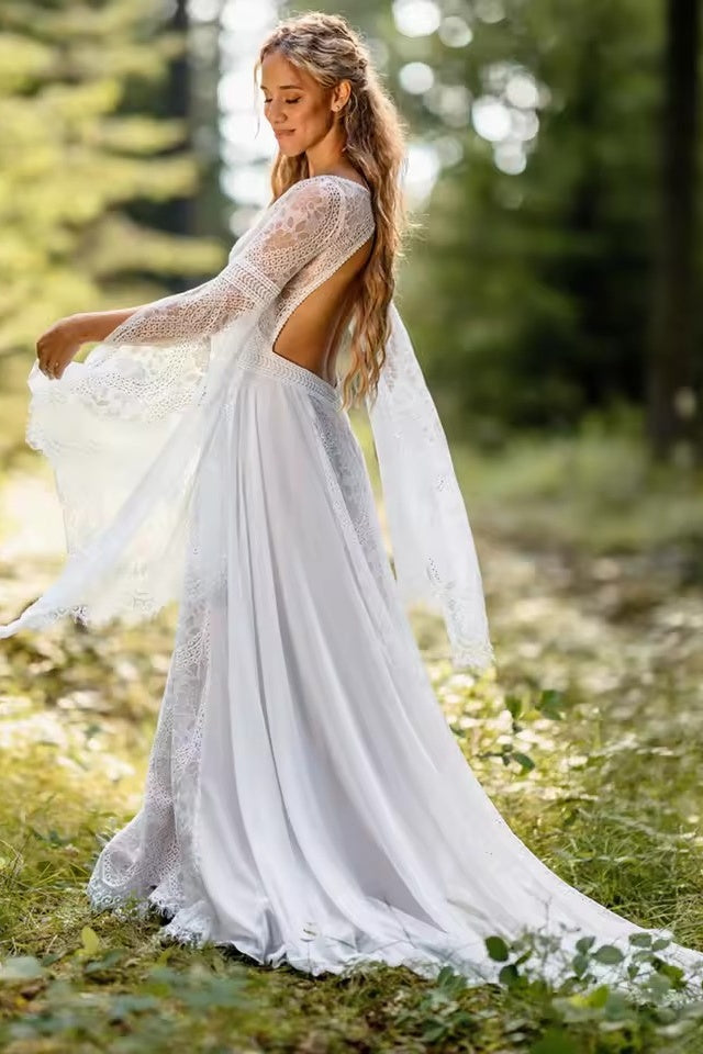 DZ9326 Long Flared Sleeves Boho V Neck Wedding Dress – TANYA BRIDAL DZ9326 Long Flared Sleeves Boho V Neck Wedding Dress – TANYA BRIDAL