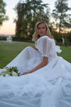 #DZ9357 A Line Short Sleeves Organza Side Split Wedding Dress