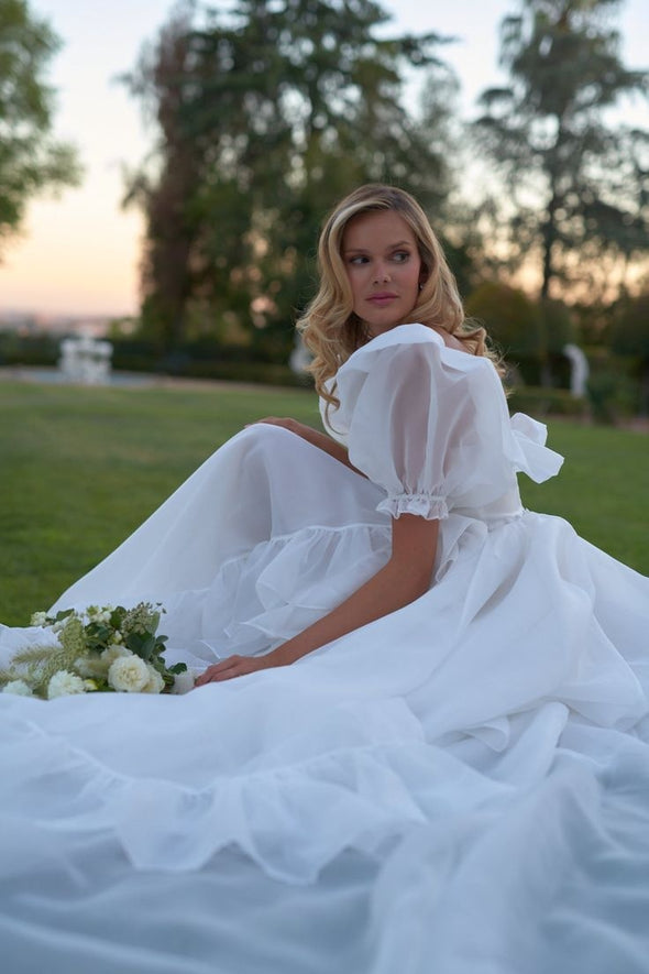 #DZ9357 A Line Short Sleeves Organza Side Split Wedding Dress