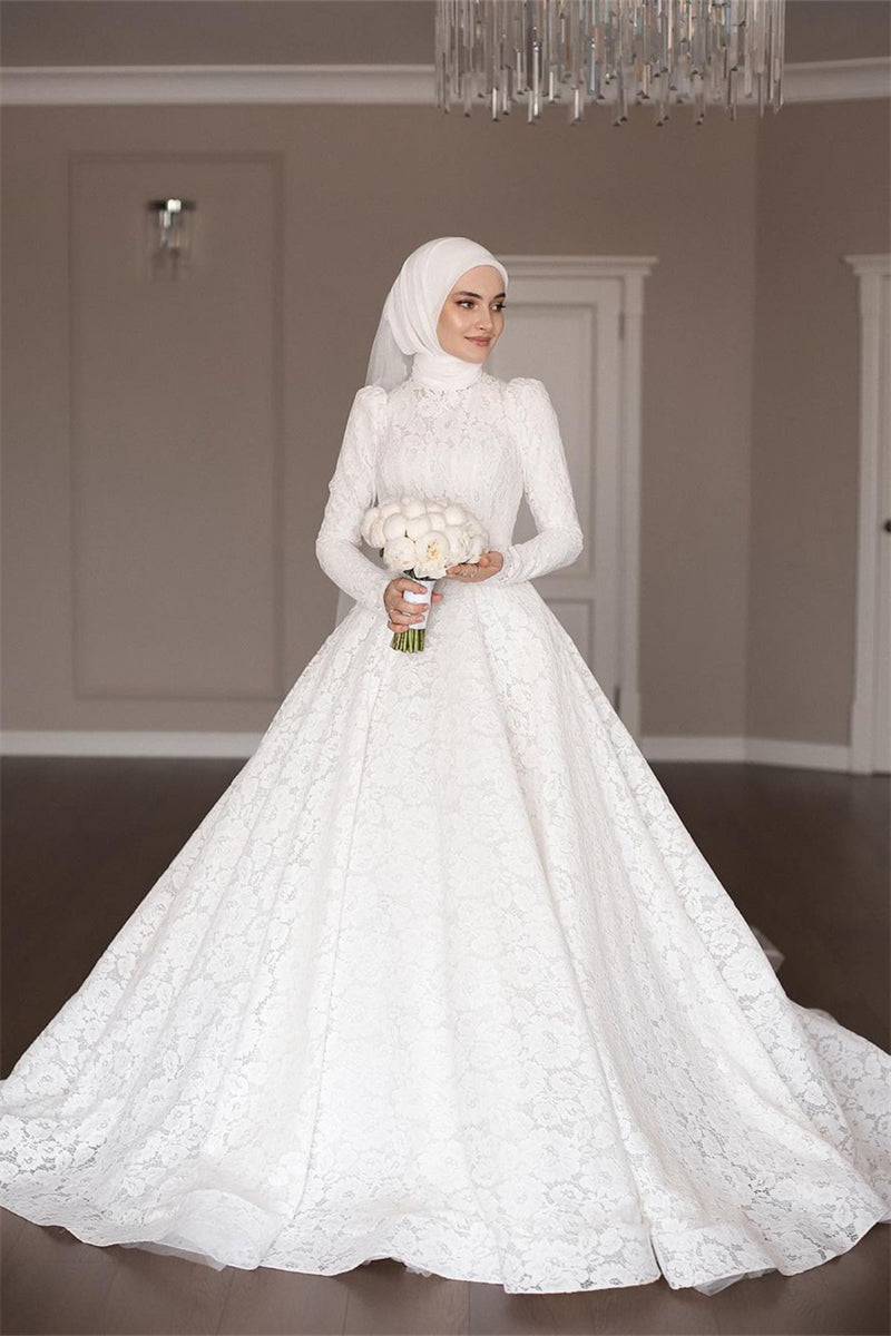 muslim long sleeved lace dress Ball Gown Long Sleeves Lace Muslim Wedding Dress with High Neck Ivory / Custom Size