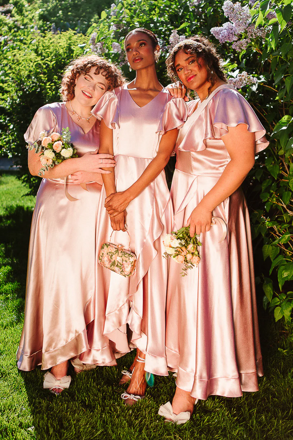 V Neck Dusty Pink High Low Bridesmaid Dress