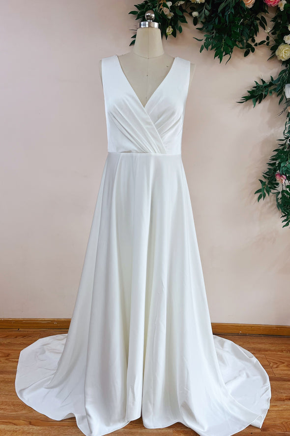 Elegant V Neck Sleeveless A Line Simple Satin Wedding Dress With Veil