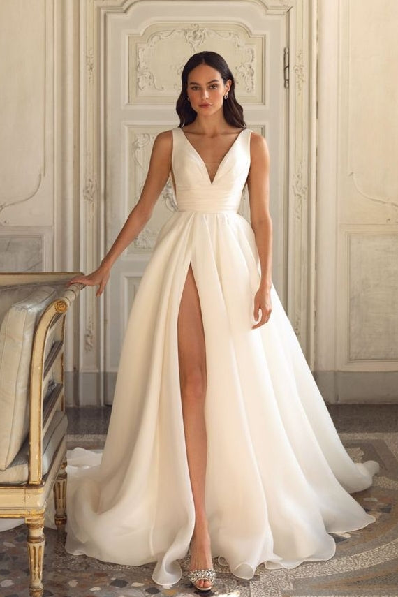 Simple A Line Wedding Dress V Neck With Detachable Sleeves TANYA BRIDAL Simple A Line Wedding Dress V Neck With Detachable Sleeves TANYA BRIDAL