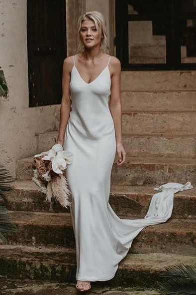 V Neck Long Simple Bohemian Wedding Dress TB1419