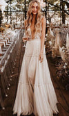 Deep V Sexy Bohemian Long Tulle Nude Wedding Dress