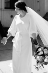 Scoop Neckline Half Length Sleeve Crepe Bridal Gown With Sash
