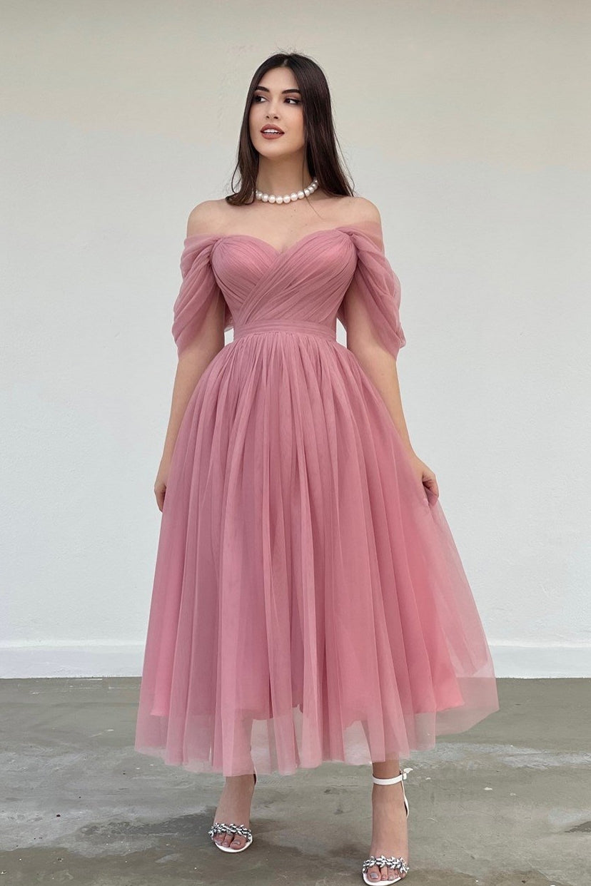 Dusty Pink Off The Shoulder A Line Prom Dresses TANYA BRIDAL Dusty Pink Off The Shoulder A Line Prom Dresses TANYA BRIDAL