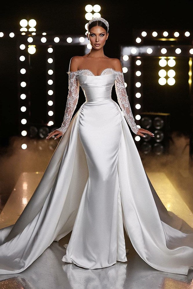 satin mermaid wedding dress with detachable train Mermaid Lace Wedding Dress with Detachable Train
