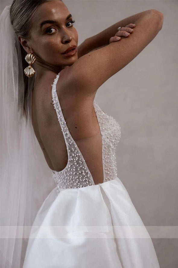 Spaghetti Straps Beads Pearls Sheer Corset Wedding Dress