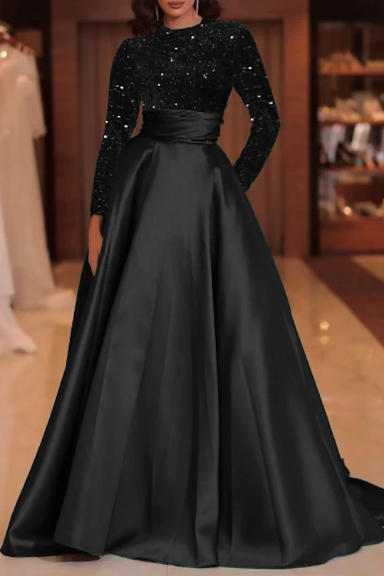 Long Sleeves Sequins A Line Satin Green Prom Gown TANYA BRIDAL Long Sleeves Sequins A Line Satin Green Prom Gown TANYA BRIDAL