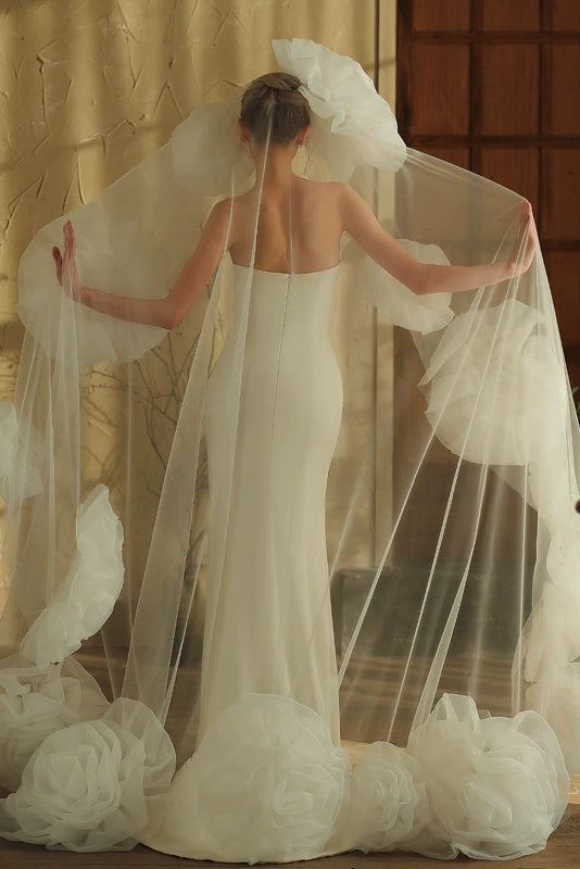V398 long handmade rose flower bridal veil