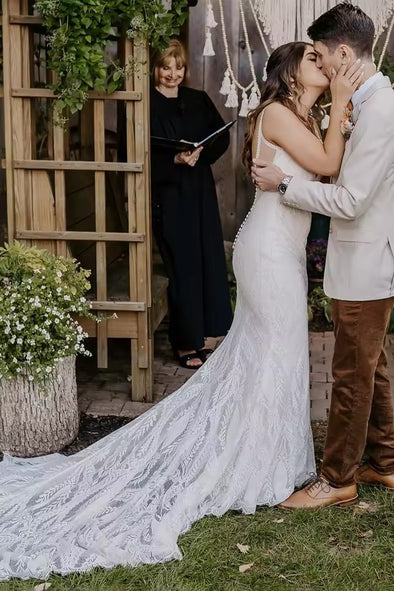 #DZ9338 V Neck Soft Lace Backless Boho Wedding Dress