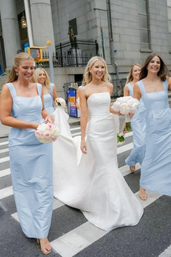 Straps Sheath Square Neck Sleeveless Long Bridesmaid Dress