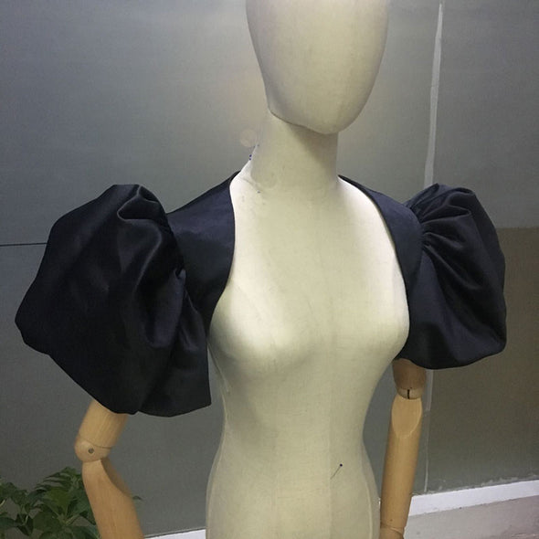 Short Puff Sleeve Satin Jacket Black ZJ044