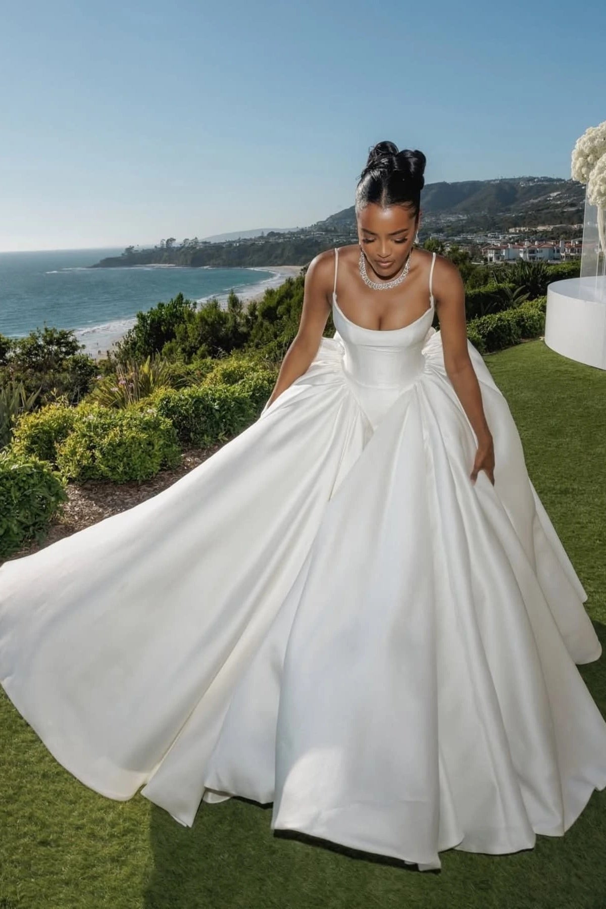 satin ball gown wedding dress Davinci Bridal 50636 High Neck Satin Ballgown Wedding Dress Pockets Sheer Lace Back Gown 26 / White