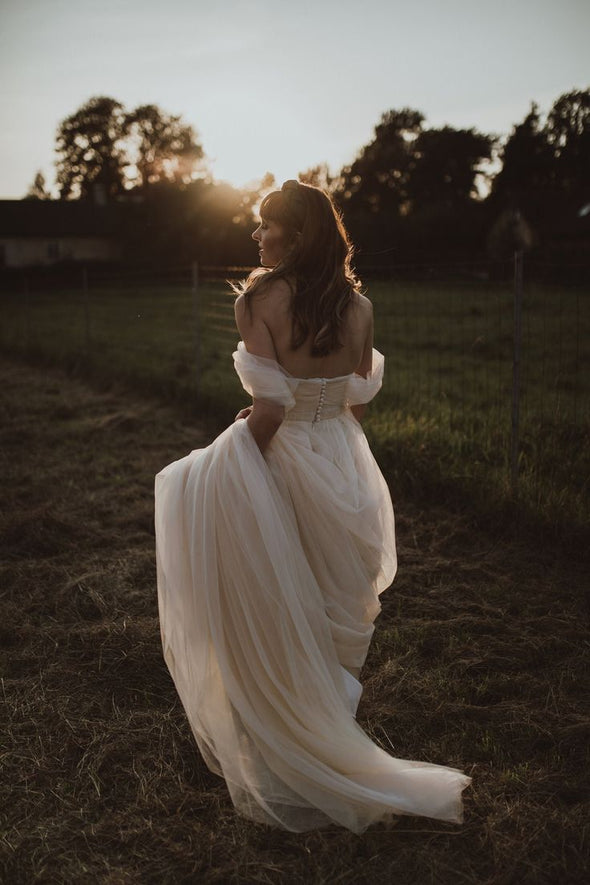 Nude Bohemian Tulle off Shoulder Wedding Dress