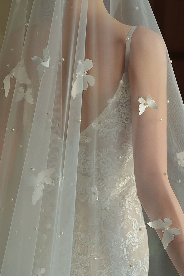 Off White 3 Meters Pearls Long Wedding Veil With Butterfly