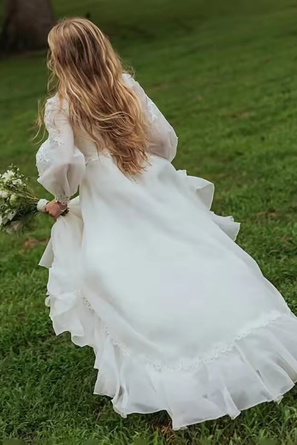 #DZ9334 Long Bishop Sleeves Appliques Lace Wedding Dresses