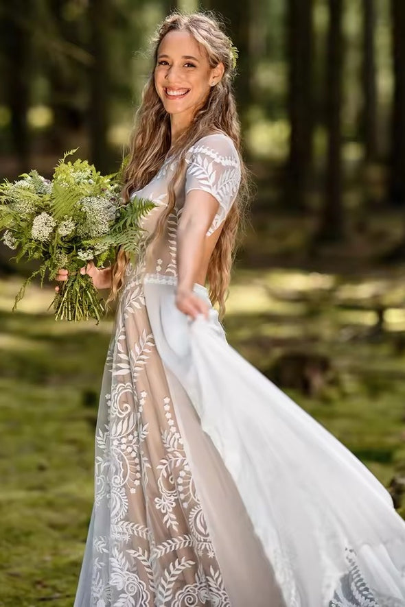 #DZ9327 Short Sleeve Embroidered Bohemian Lace Wedding Gowns