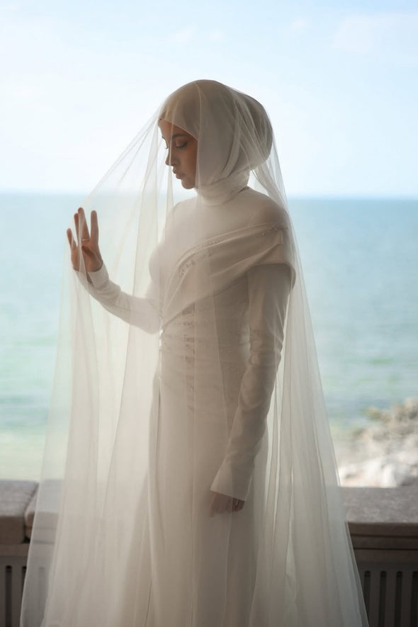 Elegant Long Hijab Wedding Dress With Beads