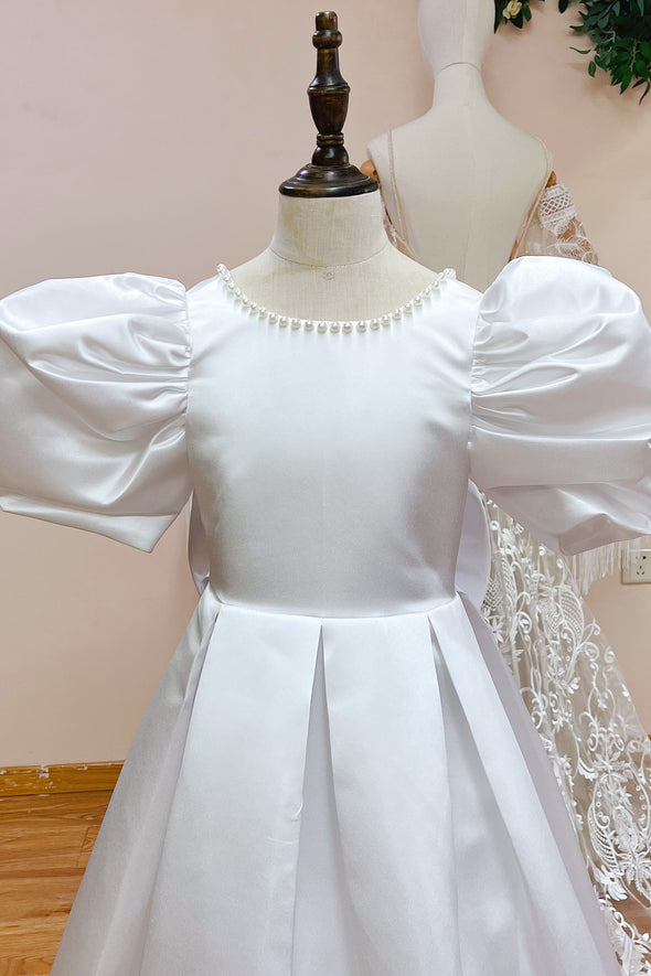 White Satin Flower Girl Dress With Pearls Neck