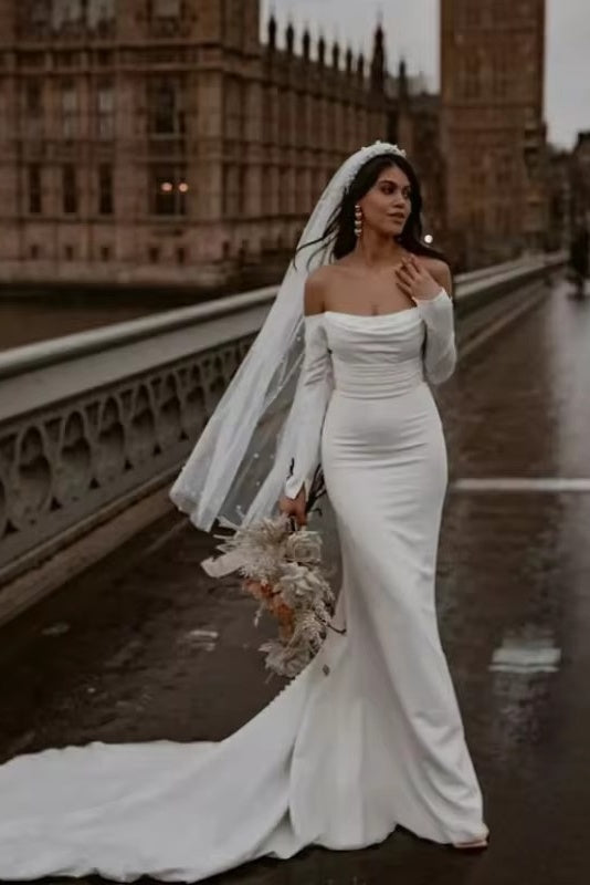 DZ9419 Elegant Off Shoulder Long Sleeve Mermaid Wedding Dress – TANYA BRIDAL DZ9419 Elegant Off Shoulder Long Sleeve Mermaid Wedding Dress – TANYA BRIDAL