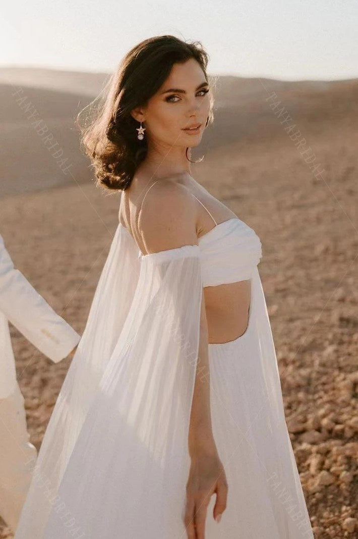 chiffon pleated dress boho Country Boho Short-sleeve Chiffon Empire V-neck Pleated Wedding Dress