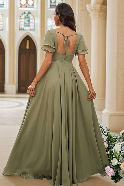 V Neck Chiffon Dusty Sage Long Bridesmaid Dress – TANYA BRIDAL
