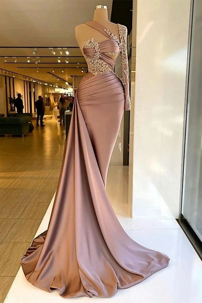 One-Shoulder Long Sleeve Evening Dresses Draped