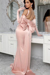 Petal Pink Long Evening Dress Backless With Bow on Hips