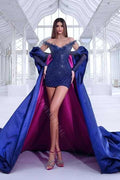 #DZ9426 Long Taffeta Women Cape Blue Outside Fuchsia Inside