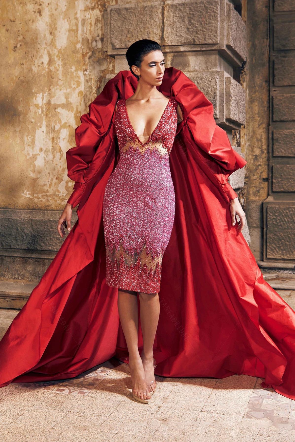 Red Taffeta Wedding Cape With Long Puff Sleeves ZJ163 TANYA BRIDAL Red Taffeta Wedding Cape With Long Puff Sleeves ZJ163 TANYA BRIDAL