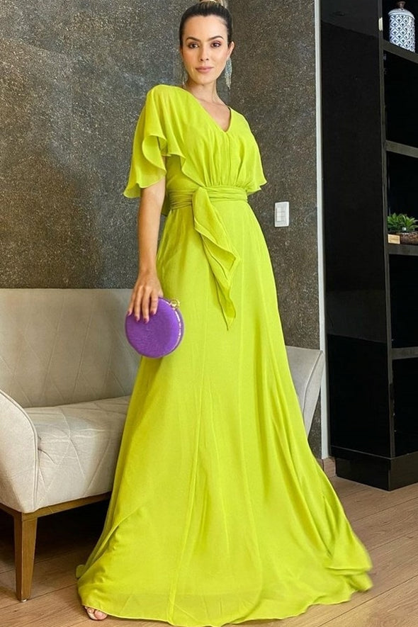 A Line V Neck Cape Sleeves Fluo Green Chiffon Prom Gown