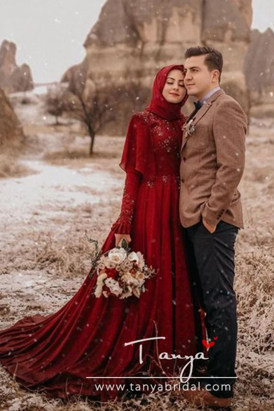 red arabic wedding dress Chiffon Burgundy Elegant Arabic Muslim Wedding Dresses DQG923 -