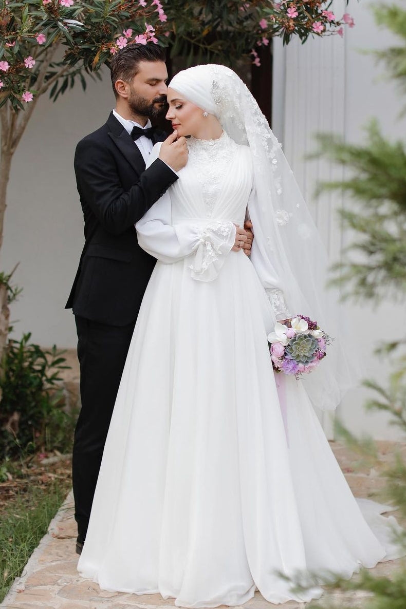 chiffon muslim dress Lavender Long Sleeves A Line Chiffon Muslim Wedding Dresses