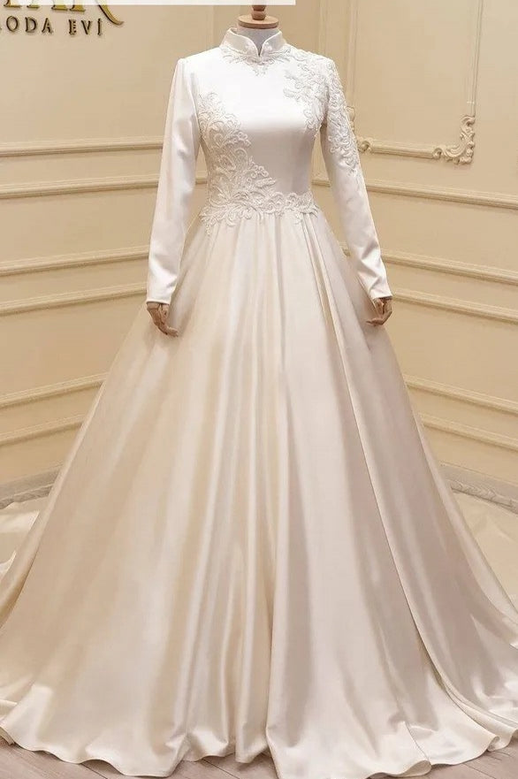 A Line Satin Muslim Wedding Dress With Embroidery