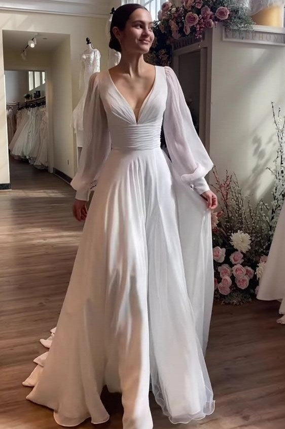Chiffon Wedding Dress with Plunging V Neckline