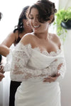 #DZ9339 Drape Long Sleeves Lace Sheath Wedding Dress High Slit