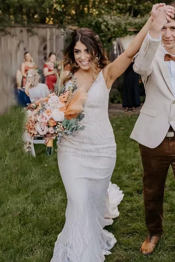 #DZ9338 V Neck Soft Lace Backless Boho Wedding Dress