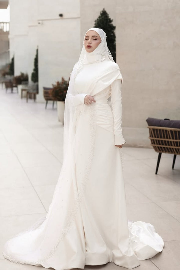 Elegant Long Hijab Wedding Dress With Beads