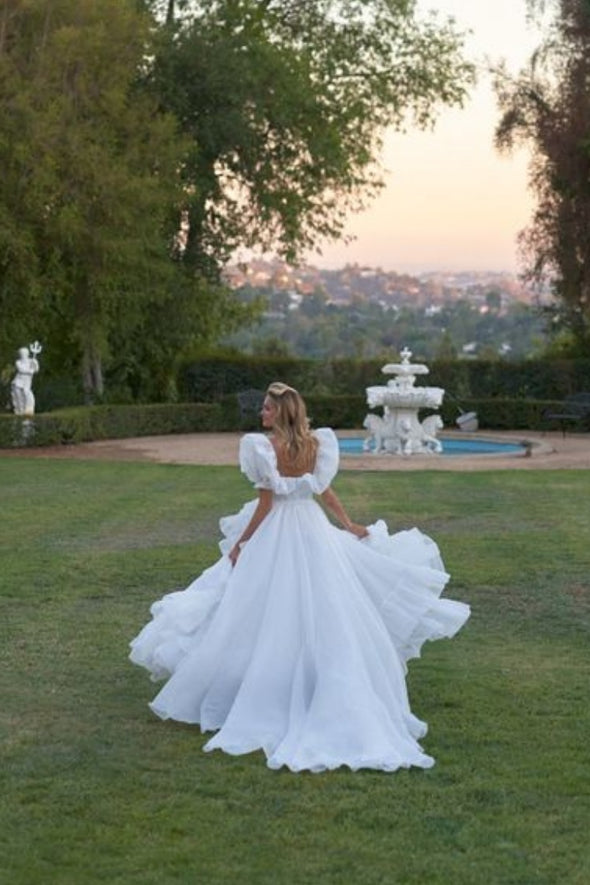#DZ9357 A Line Short Sleeves Organza Side Split Wedding Dress