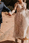 #DZ9332 Low V Neck Tassels A Line Sleeveless Sheer Bodice Lace Bridal Gown