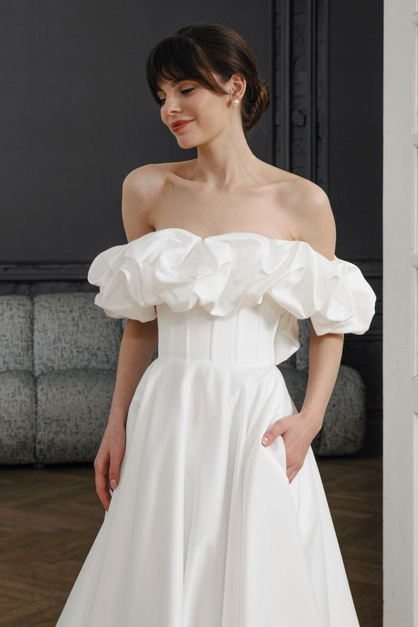 #DZ9346 Off The Shoulder Long A Line Satin Wedding Dress