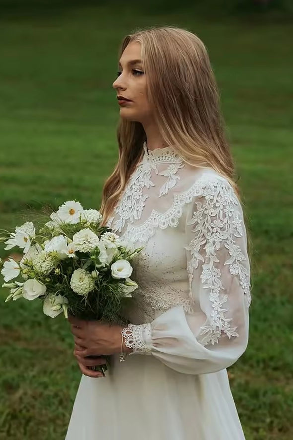 #DZ9334 Long Bishop Sleeves Appliques Lace Wedding Dresses