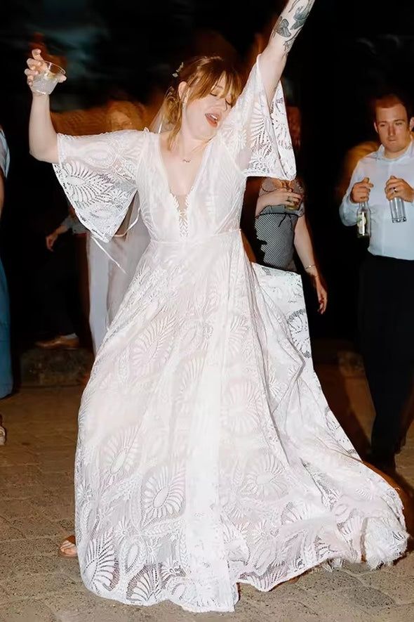 #DZ9329 Half Flutter Sleeves Boho Plunge V Bridal Gowns
